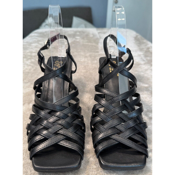 Seychelles Charter Black Leather Sandals Block Heel Square Toe Womens Size 8 - Picture 1 of 6